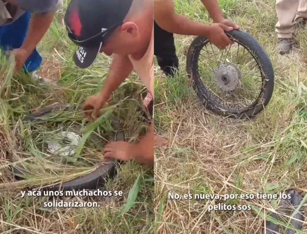 ¿Innovador? Rellenaron con pasto una cubierta pinchada y se volvieron viral