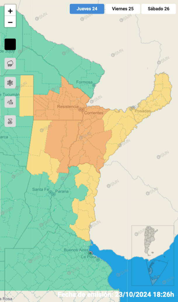 Alerta por tormentas y granizo para este jueves. Fuente: Servicio Meteorológico Nacional. Alerta por tormentas y granizo para este jueves. Fuente: Servicio Meteorológico Nacional. 