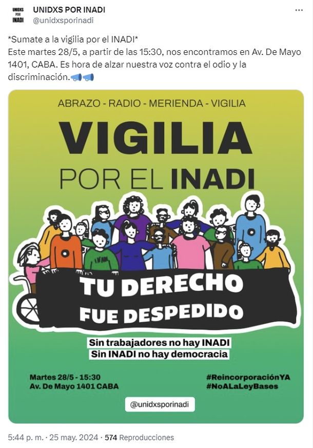 A través de las redes sociales, trabajadores del INADI convocan a una concentración en rechazo a los más de 160 despidos A través de las redes sociales, trabajadores del INADI convocan a una concentración en rechazo a los más de 160 despidos