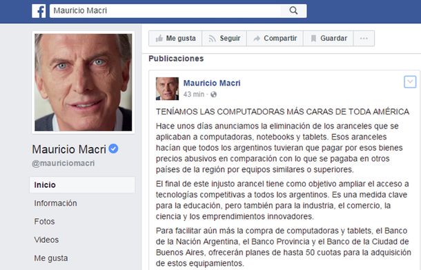 Polémico posteo de Macri en Facebook