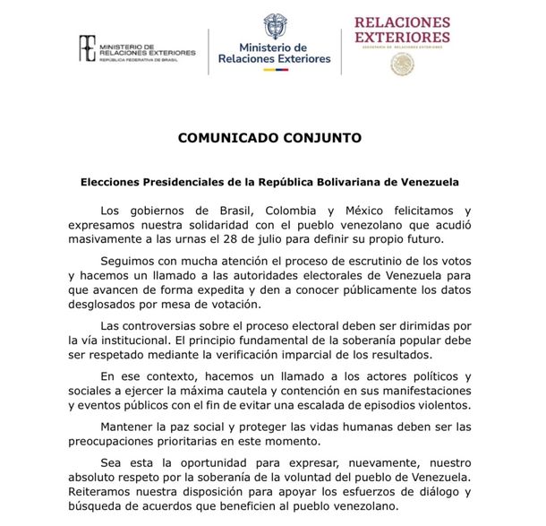 Comunicado de los gobiernos de Brasil, Colombia y México Comunicado de los gobiernos de Brasil, Colombia y México