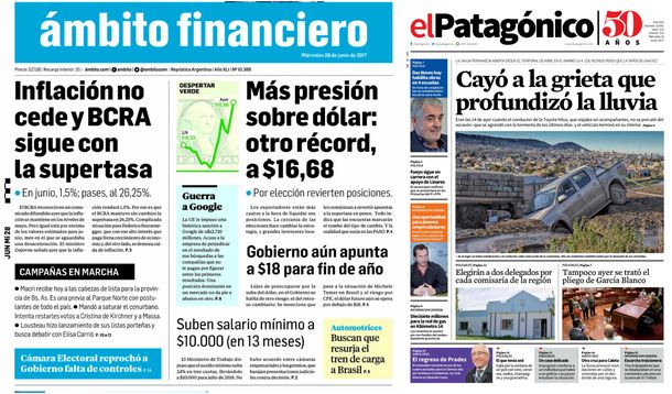 Tapas de diarios del miércoles 28 de junio de 2017