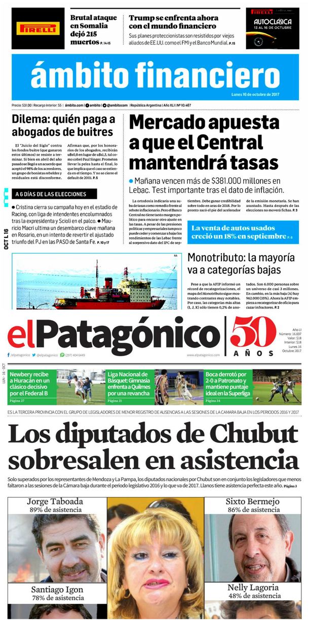 Tapas de diarios del lunes 16 de octubre de 2017