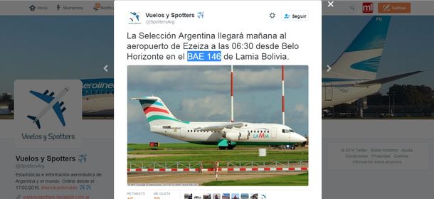 En Twitter anunciaban que la Selección argentina llegaba a Colombia en el avión de la tragedia