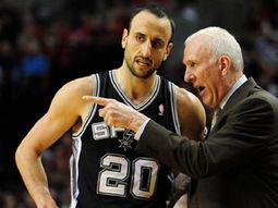 Popovich dándole una indicación a Ginóbili Popovich dándole una indicación a Ginóbili