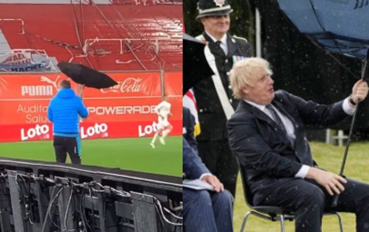 ¿Boris Johnson? Los problemas de Pizzi con su paraguas, el momento viral del clásico