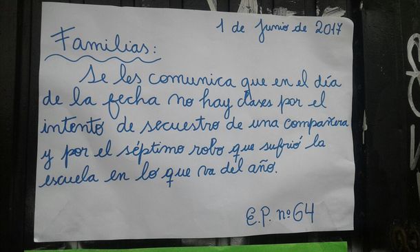 El colegio decidió suspender las clases por los reiterados hechos de inseguridad