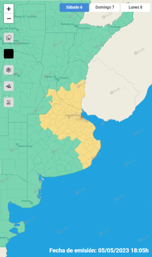 Alerta por lluvias en el AMBA y Entre Ríos. Fuente: Servicio Meteorológico Nacional (SMN).