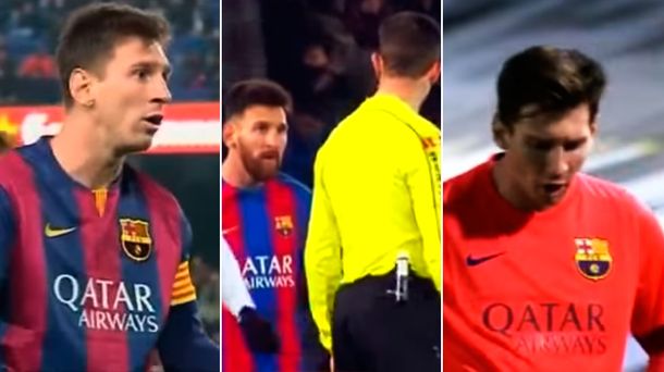 Messi insultando a árbitros con la camiseta del Barcelona