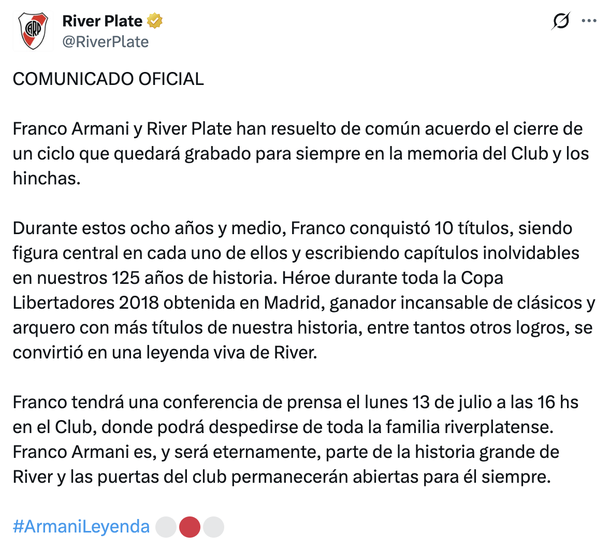 Oficial: Franco Armani se va de River