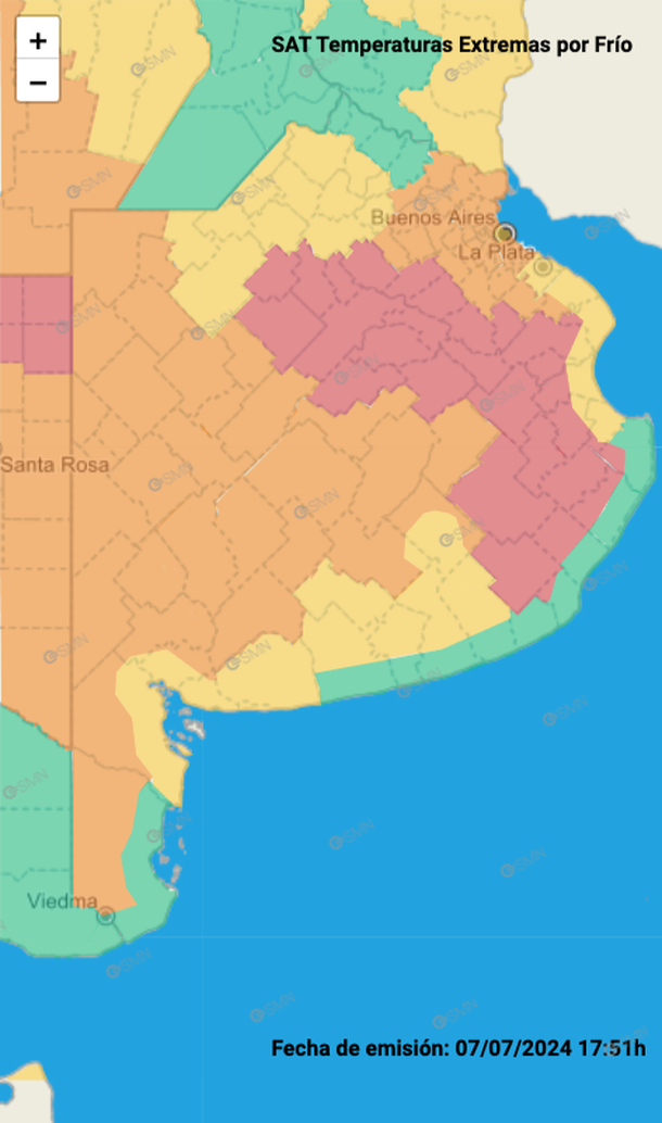 Alerta por fr&iacute;o extremo en Buenos Aires. Fuente: Servicio Meteorol&oacute;gico Nacional.