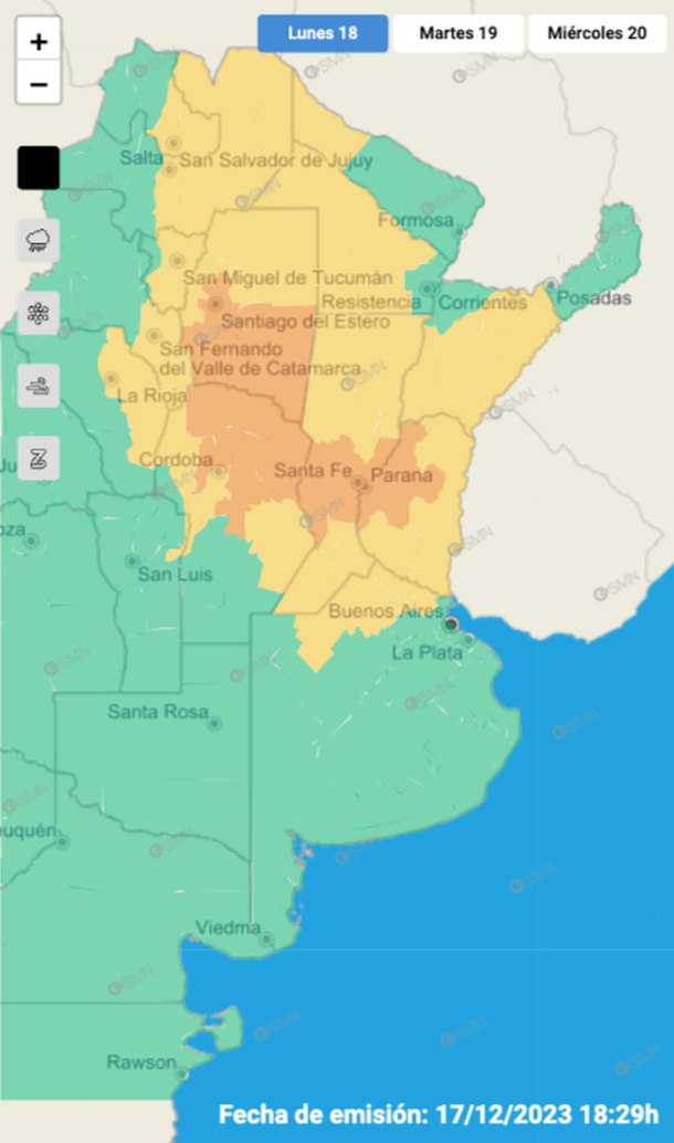Mapa de alertas por tormentas y granizo este lunes en Buenos Aires y otras 12 provincias. Fuente: Servicio Meteorológico Nacional. Mapa de alertas por tormentas y granizo este lunes en Buenos Aires y otras 12 provincias. Fuente: Servicio Meteorológico Nacional.
