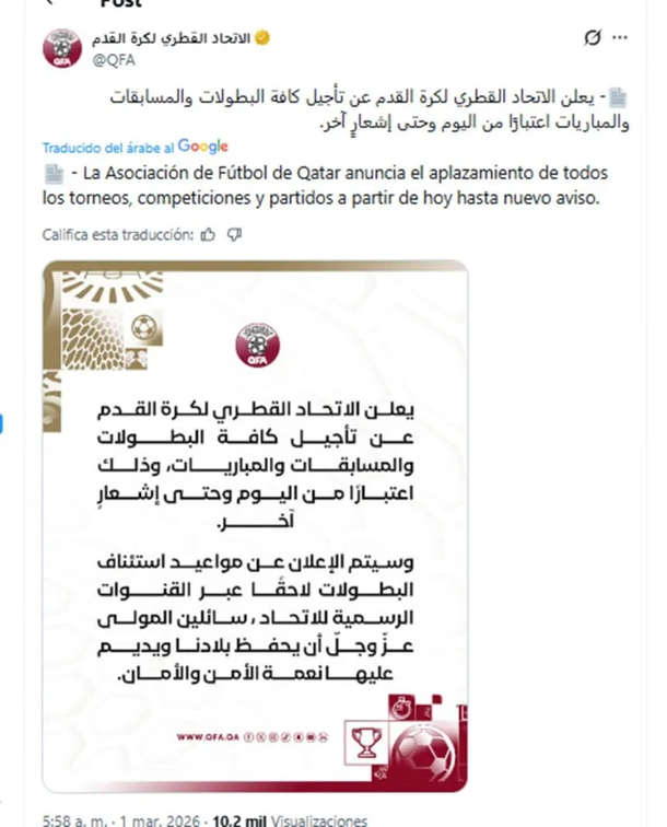 Qatar suspendió el fútbol y todas sus actividades deportivas. Crecen las dudas sobre la Finalissima. Qatar suspendió el fútbol y todas sus actividades deportivas. Crecen las dudas sobre la Finalissima. 