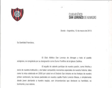 La carta de felicitación que San Lorenzo le envió a Francisco