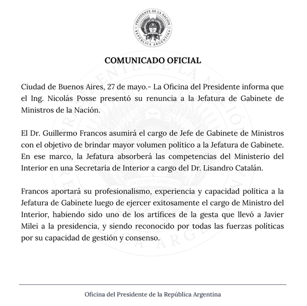 El comunicado sobre la renuncia de Nicolás Posse a su cargo de Jefe de Gabinete de Ministros