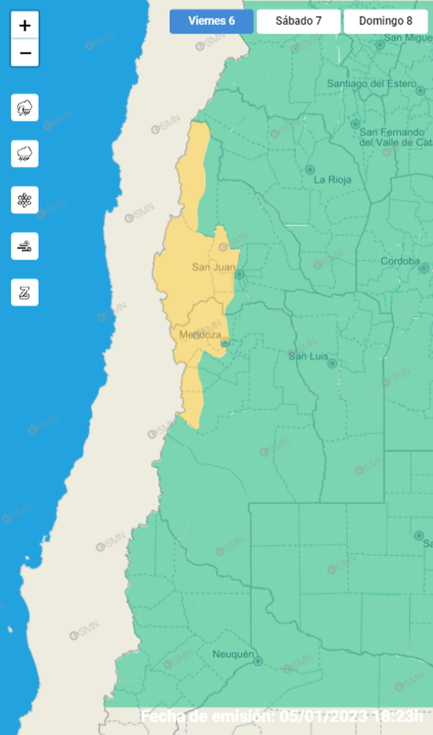 Mapa de alertas por tormentas y granizo en Mendoza y San Juan. Fuente: Servicio Meteorológico Nacional.