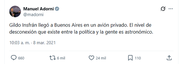 El tuit de Manuel Adorni en 2021 El tuit de Manuel Adorni en 2021