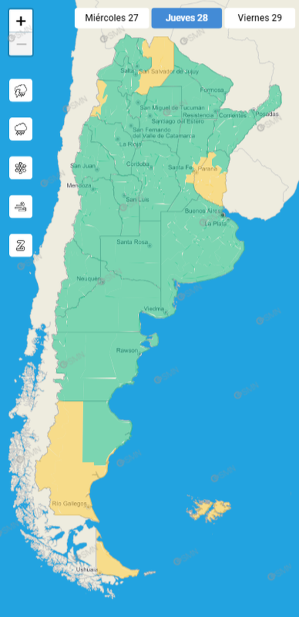Mapa alertas por tormentas, granizo, nieve y vientos. Fuente: Servicio Meteorológico Nacional.