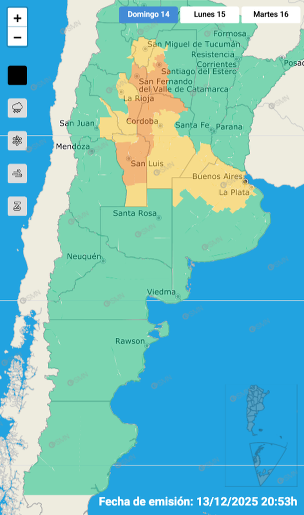 Alerta por tormentas y granizo para Buenos Aires y otras zonas del país. Fuente: Servicio Meteorológico Nacional. Alerta por tormentas y granizo para Buenos Aires y otras zonas del país. Fuente: Servicio Meteorológico Nacional.