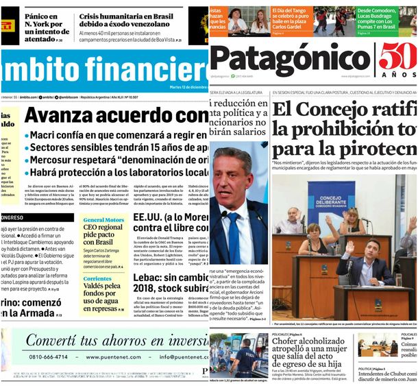 Tapas de diarios del martes 12 de diciembre de 2017