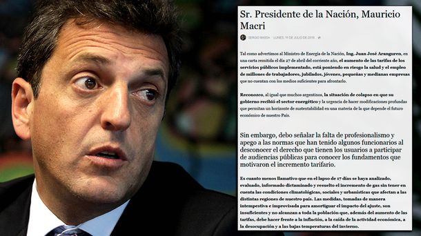 La carta de Massa a Macri por el tarifazo: Fue un error serio