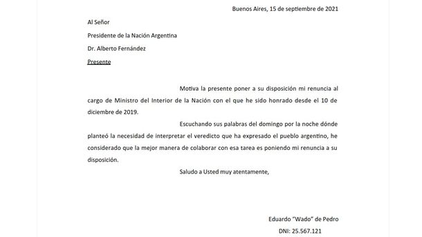 Qué dice la carta con la que Wado de Pedro puso su renuncia a disposición del Presidente