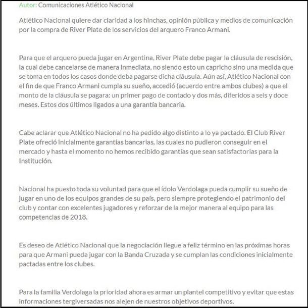 Comunicado de Atlético Nacional