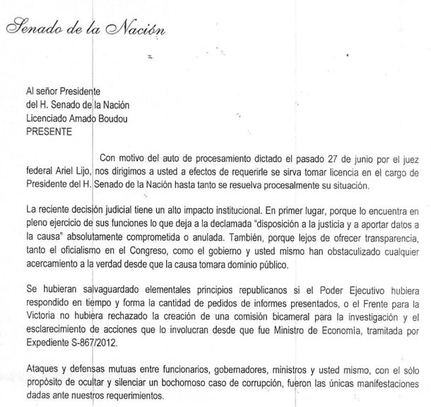 ¿Qué se leyó en el Senado sobre la situación de Amado Boudou?