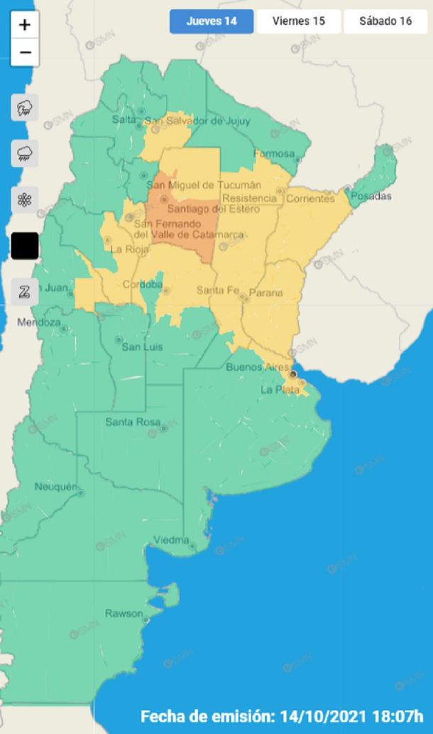 Alerta naranja para cinco provincias por vientos y lluvias
