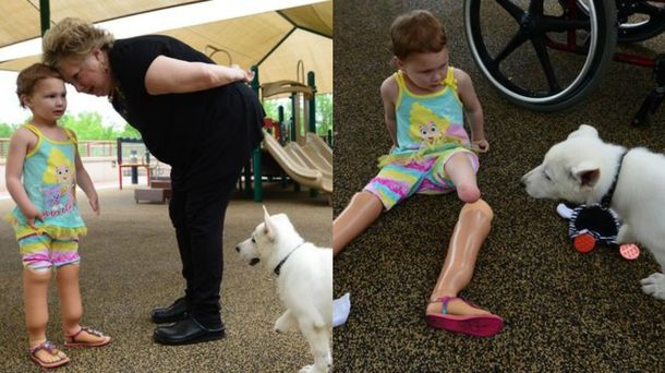 Una nena que nació sin pies recibió un cachorro de tres patas como regalo