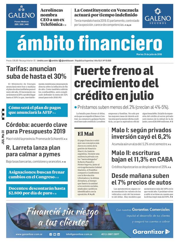 Tapas de diarios del martes 31 de julio de 2018