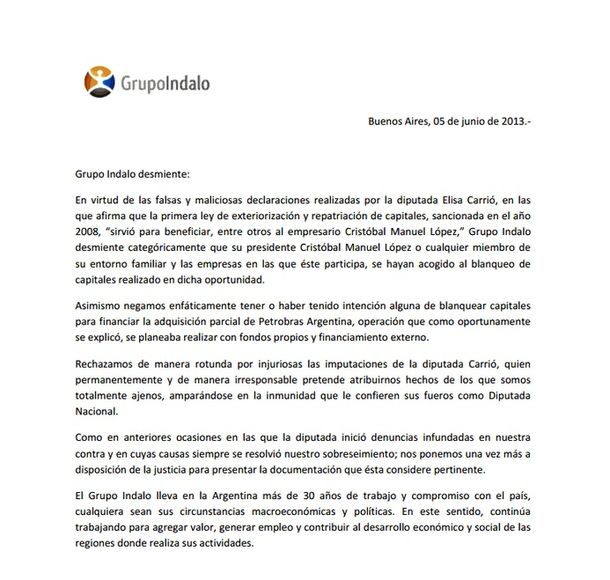 El Grupo Indalo desmintió las acusaciones de Carrió