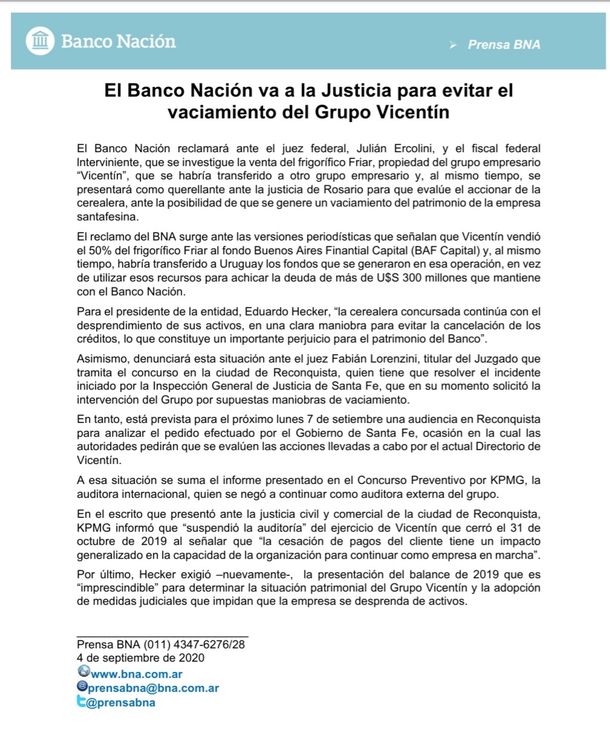 El Banco Nación va a la Justicia para evitar el vaciamiento de Vicentin