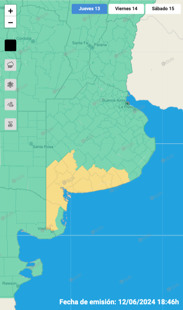 Alerta por tormentas fuertes y granizo en Buenos Aires. Fuente: Servicio Meteorológico Nacional. Alerta por tormentas fuertes y granizo en Buenos Aires. Fuente: Servicio Meteorológico Nacional.