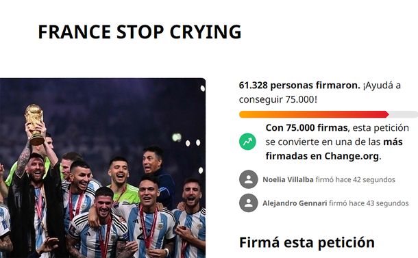 Atención: firmá para que Francia pare de llorar