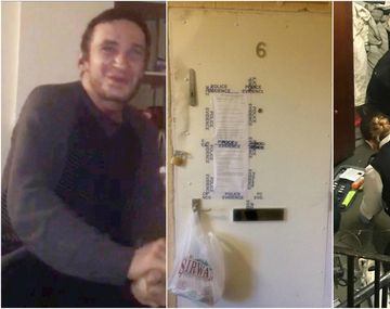 Mario Perivoitos, la puerta de su departamento y policías peritando