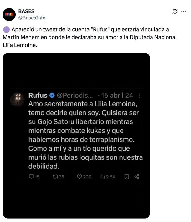 Viralizan tuit de la cuenta que adjudican a Mart&iacute;n Menem.