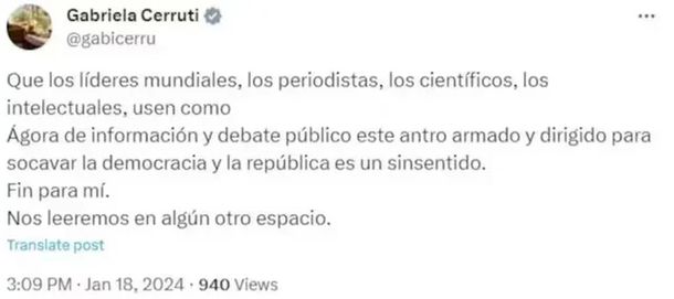 Gabriela Cerruti cerró su cuenta en X (ex Twitter) y criticó con dureza a Elon Musk Gabriela Cerruti cerró su cuenta en X (ex Twitter) y criticó con dureza a Elon Musk