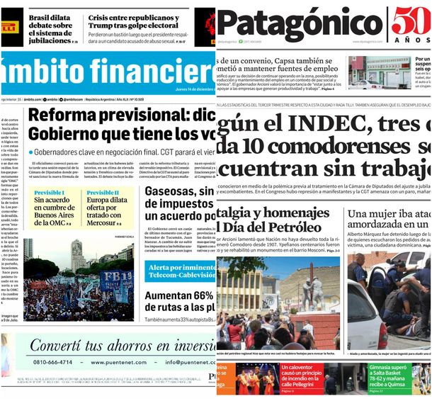 Tapas de diarios del miércoles 14 de diciembre de 2017