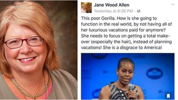 Captura del Facebook de Jane Wood Allen en el que llama gorila a Michelle Obama y su foto de perfil Captura del Facebook de Jane Wood Allen en el que llama gorila a Michelle Obama y su foto de perfil