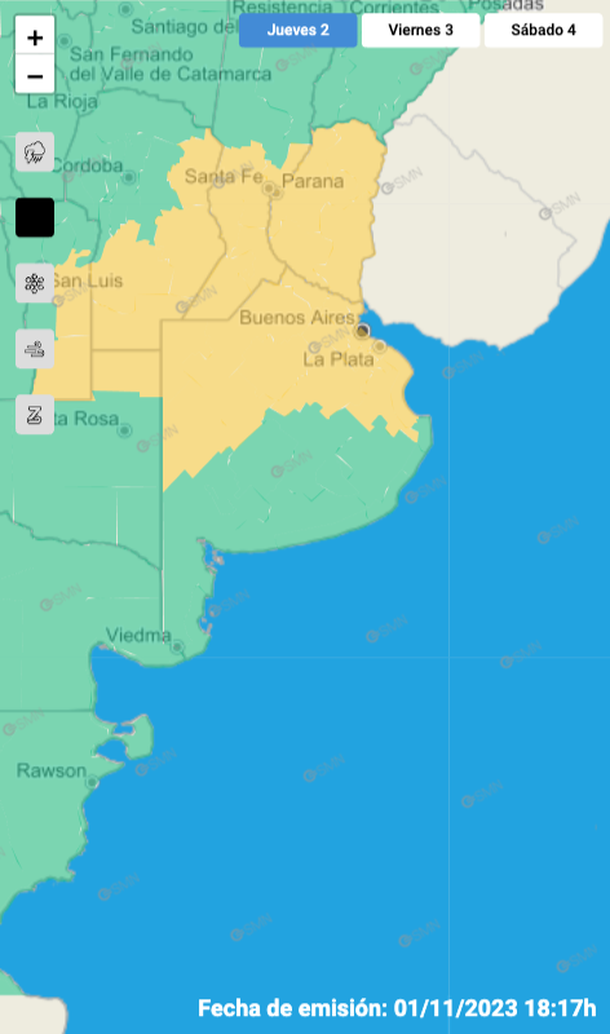 Mapa de alerta por lluvias en Buenos Aires y varias zonas del país. Fuente: Servicio Meteorológico Nacional. Mapa de alerta por lluvias en Buenos Aires y varias zonas del país. Fuente: Servicio Meteorológico Nacional.