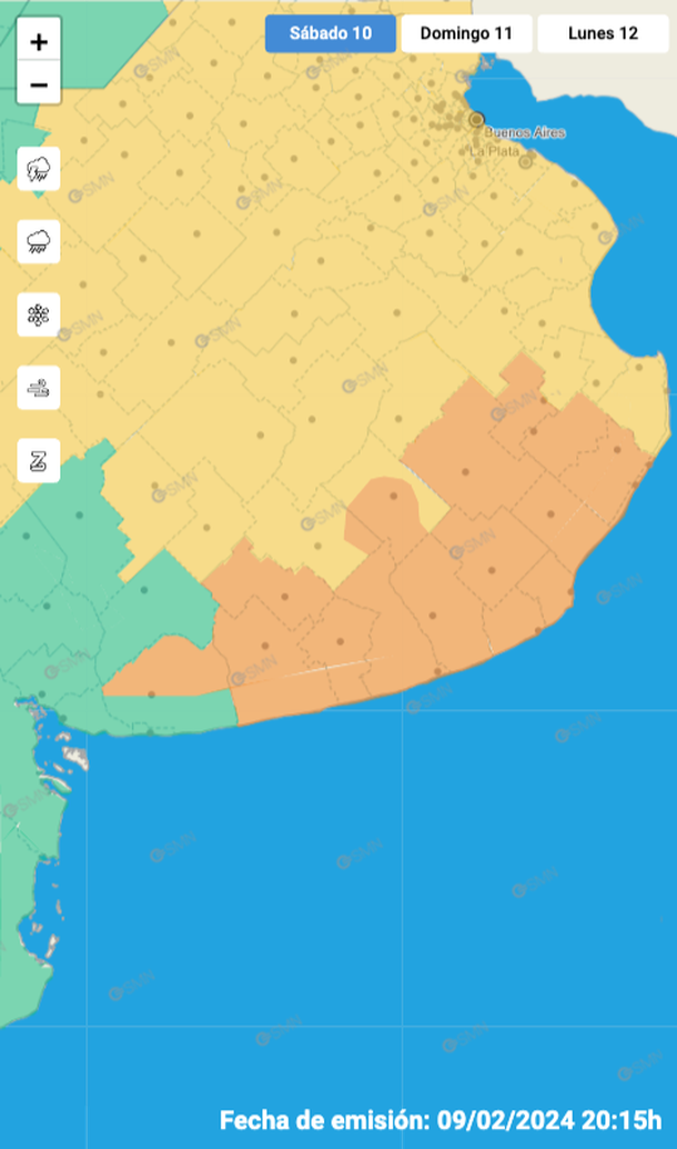 Mapa de alertas por tormentas fuertes y granizo para Mar del Plata y zonas de la Costa Atlántica. Fuente: Servicio Meteorológico Nacional. Mapa de alertas por tormentas fuertes y granizo para Mar del Plata y zonas de la Costa Atlántica. Fuente: Servicio Meteorológico Nacional.