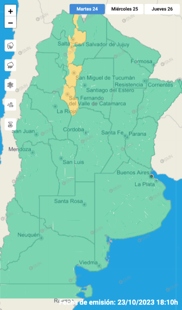 Mapa de alertas por tormentas y granizo en el norte del país. Fuente: Servicio Meteorológico Nacional. Mapa de alertas por tormentas y granizo en el norte del país. Fuente: Servicio Meteorológico Nacional.