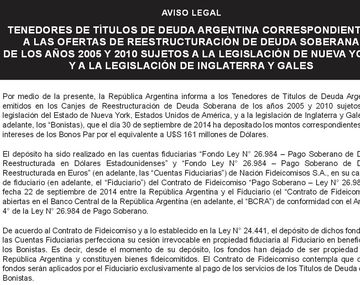 Presidencia anunció que ya depositó los intereses de los bonos reestructurados