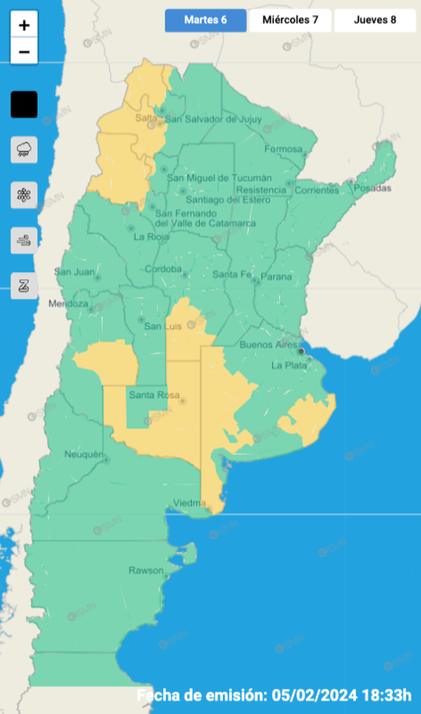 Mapa de alertas por tormentas y granizo para Buenos Aires y zonas de siete provincias. Fuente: Servicio Meteorológico Nacional. Mapa de alertas por tormentas y granizo para Buenos Aires y zonas de siete provincias. Fuente: Servicio Meteorológico Nacional.