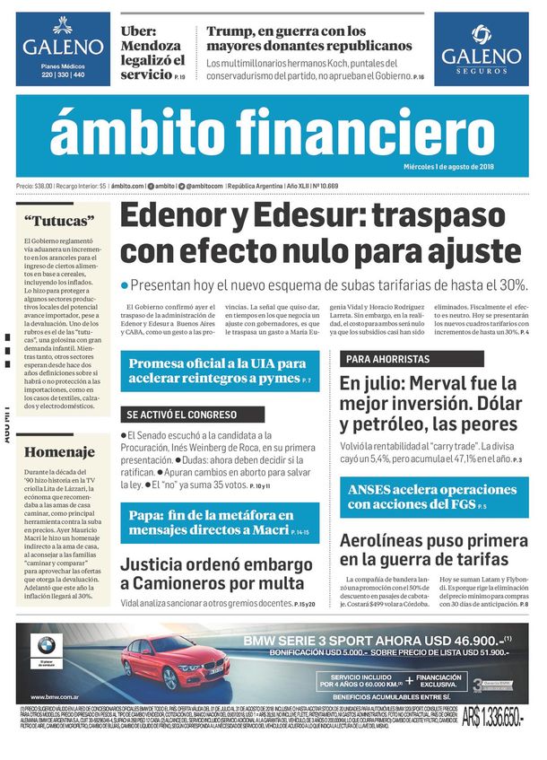 Tapas de diarios del miércoles 1 de agosto de 2018