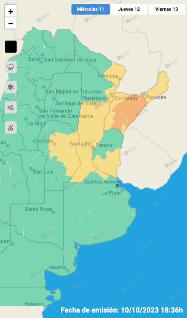 Mapa de alertas por tormentas y granizo. Fuente: Servicio Meteorológico Nacional. Mapa de alertas por tormentas y granizo. Fuente: Servicio Meteorológico Nacional.