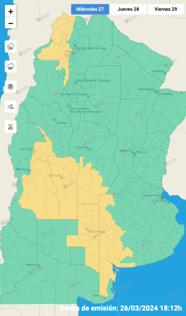 Alerta por tormentas y granizo en Buenos Aires y otras ocho provincias. Fuente: Servicio Meteorológico Nacional. Alerta por tormentas y granizo en Buenos Aires y otras ocho provincias. Fuente: Servicio Meteorológico Nacional.