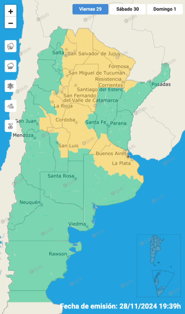 Alerta por tormentas fuertes y granizo en el AMBA y otros 13 distritos. Fuente: Servicio Meteorológico Nacional.