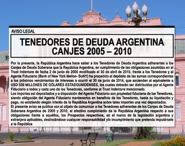 Fondos buitre: ¿qué dice la solicitada que publicó el Gobierno en los diarios?